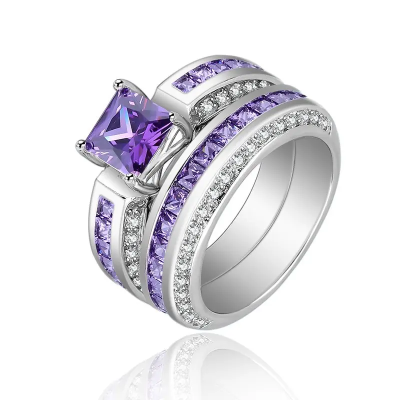 

Hot Sale 2 Pieces/Set Natural Purple Rhinestone Ring Fine Jewelry For Women Rhinestone color zircon ladies ring silver 925 jade