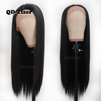 QD-Tizer Black Color Long Silky Straight Hair Lace Front Wig Gluless Heat Resistant Synthetic Lace Front Wig for Black Women 5