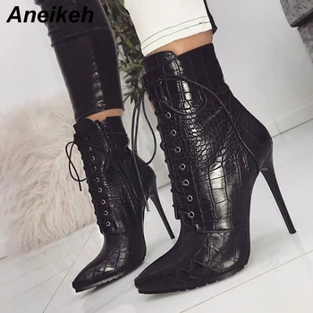 

Aneikeh Ankle Boots Women Spring/Autumn PU Leather Pattern Pointed Toe Lace Up Thin High Heels Shoes Sexy Fashion Chelsea Boots