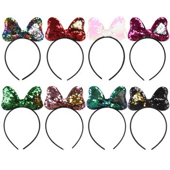 

16pcs/lot Glitter Metallic Sequins Bow Headbands Girls Mermaid Scales Hairband For Kids flower Horn Party Hair Accessories