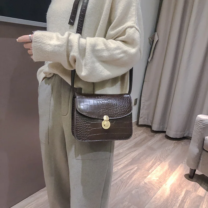 

2019 New Fashion Trend Small Square Bag Stone Grain Chain Shoulder Slung-over Bag Lock-up Women Bag Messenger Bag