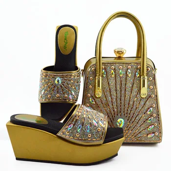 

Wedges gold shoes and clutches handle bag 2019 nice fashion italian shoes and bag matching set for asoebi weddign party SB8382-6