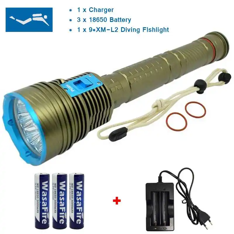 

150M Underwater 20000Lumen 9x XM-L2 LED Diving Flashlight L2 LED Torch Lights Scuba Diver Waterproof +3*18650 Battery+ Charger