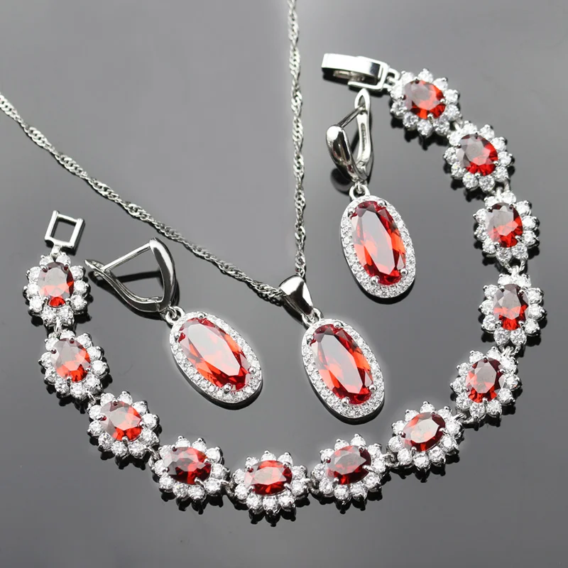 1.5*0.5cm Red Crystal Stone Jewelry Sets for Women Silver Color 925