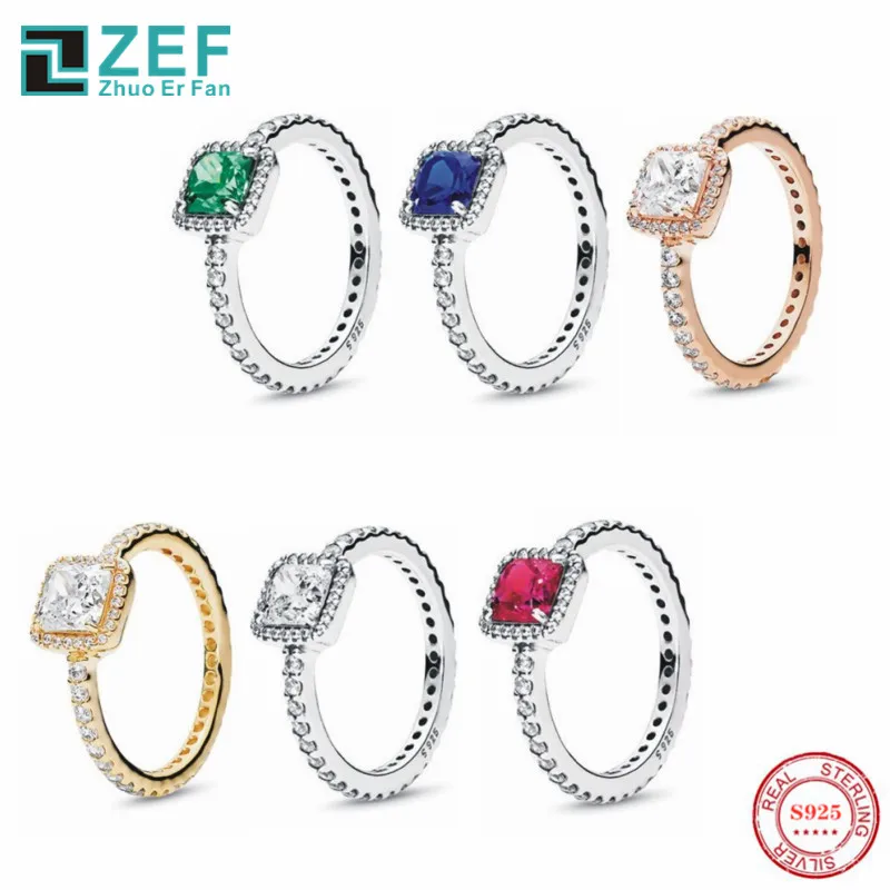 

ZEF pan 925 sterling silver rings for women，2019 fashion girl Square shape coloredclassic elegant luxury original ladies jewelry