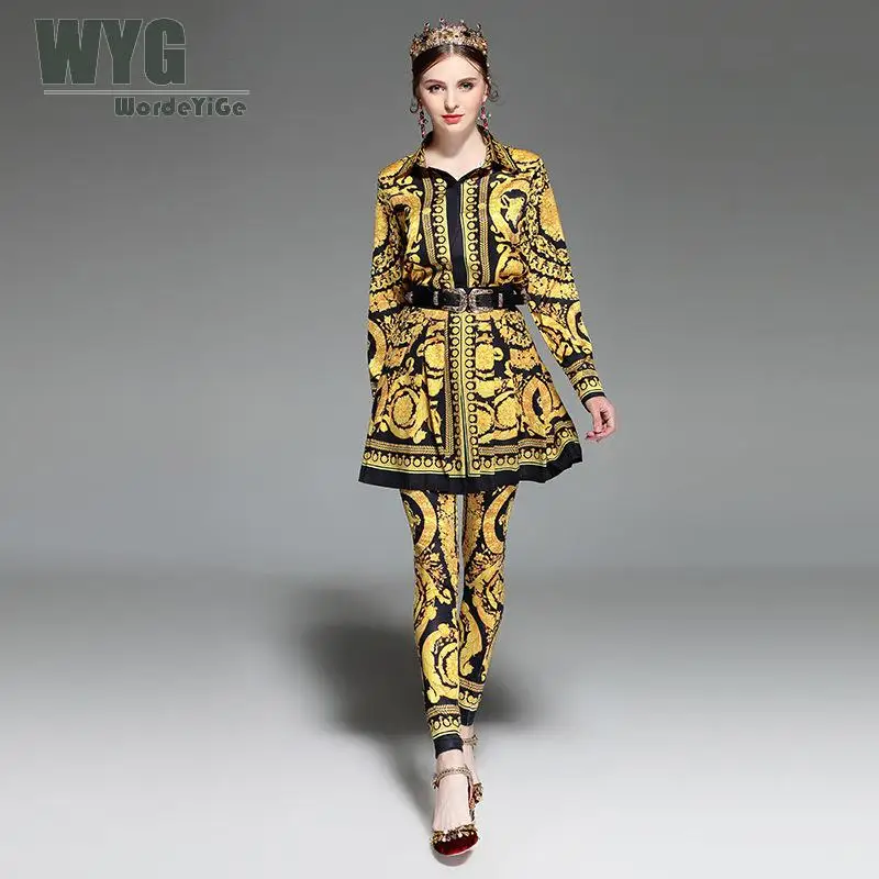 

Three Pieces Set 2019 Spring Autumn New Arrival Baroque Vintage Gold Print Shirts Blouses + Mini Skirts + Long Trousers Pants