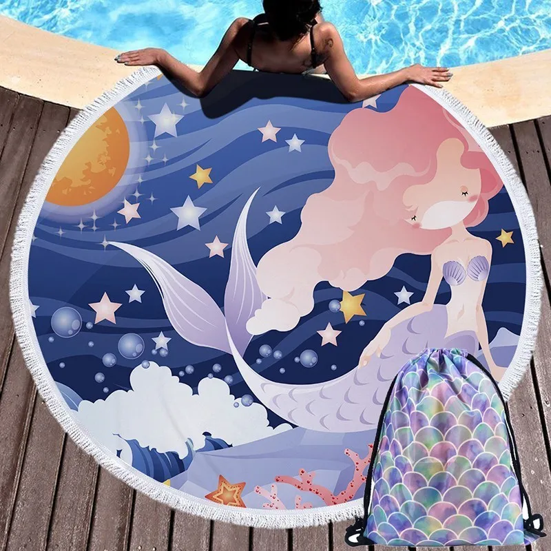 

New Mermaid Style Beach Towel 150cm Microfiber Swimming Bath Towel Outdoor Camping Picnic Rest Blanket Beach Mat