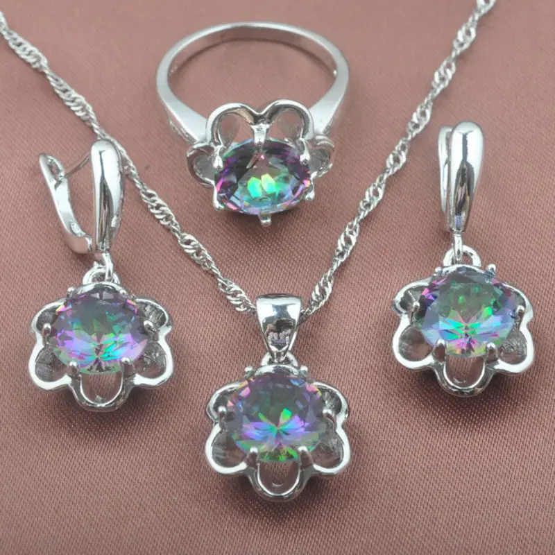 

Flower Multicolor Rainbow Zircon Women's 925 Sterling Silver Jewelry Sets Necklace Pendant Earrings Rings Free Shipping TZ0369