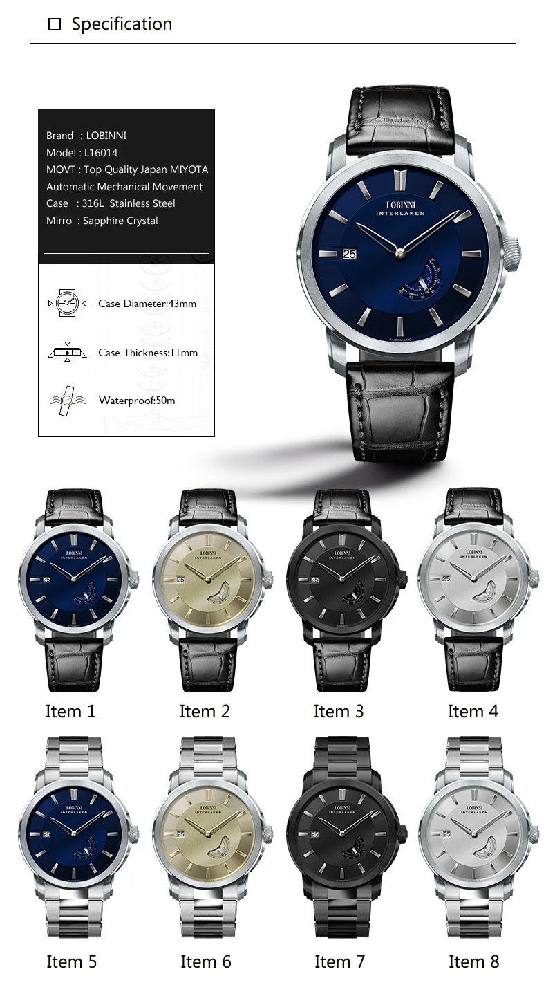 Элитный бренд LOBINNI часы Для мужчин Японии топ-автоматическое Механические Movt Сапфир Водонепроницаемый relogio Нержавеющая сталь часы L16014-7