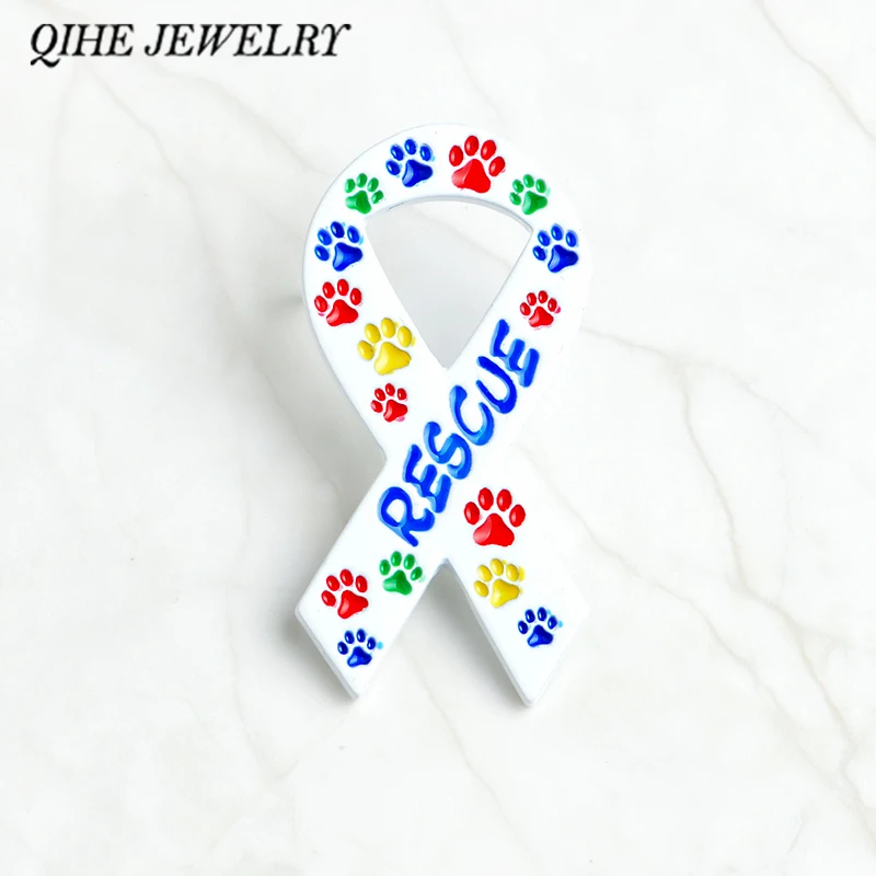 

QIHE JEWELRY Ribbon brooches Colorful dog cat pet print RESCUE brooches Pet memorial jewelry Gift for dog lover cat lover