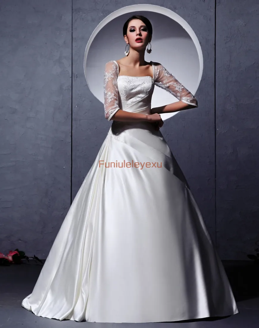 

Noble A Line Half Sleeve Court Train Pearls White Ivory Satin Ball Gown Bridal Wedding Dresses Custom Size 2 4 6 8 10 12 14 16