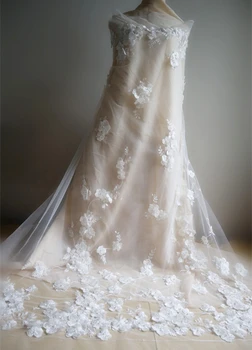 

ivory 3D flowers sequins and beads lace fabric, 3D beaded mesh embroidered lace fabric with 3D florals