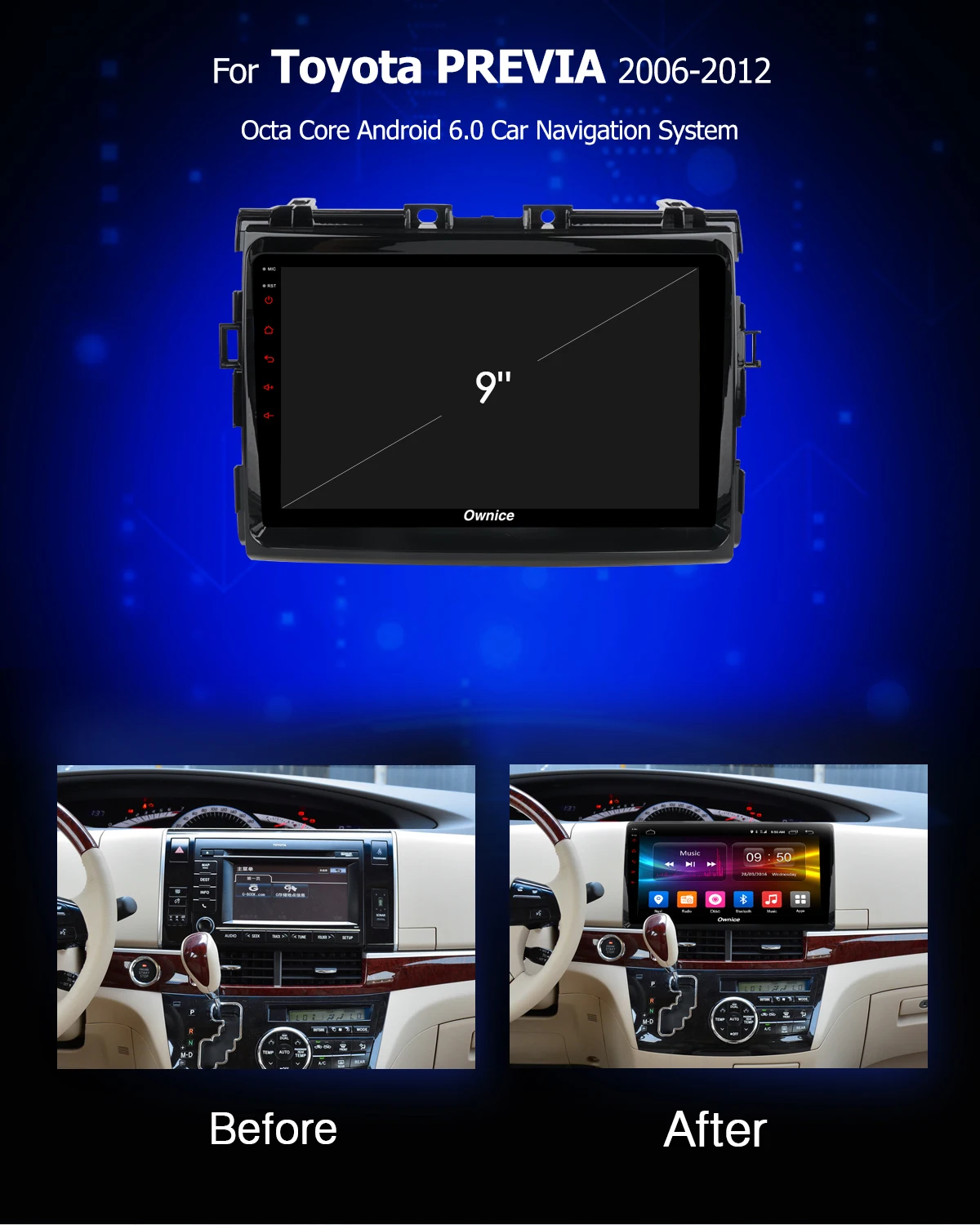 Perfect Ownice K3 K5 K6 2 DIN 2G RAM Octa Core Android 9.0 Car DVD GPS Radio Player for Toyota PREVIA 2006-2012 4G LTE DSP 360 Panorama 4