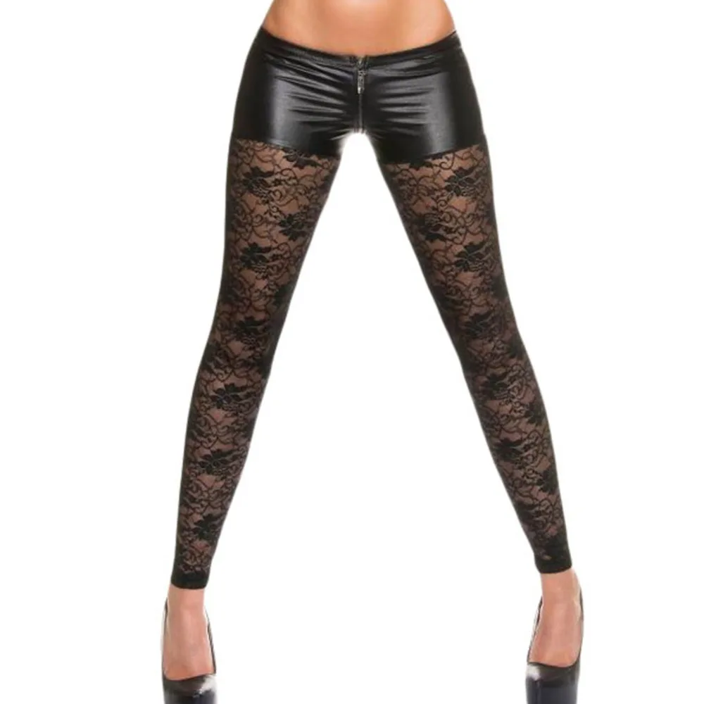 Women high waist zipper type cutout lace patchwork print sexy elastic