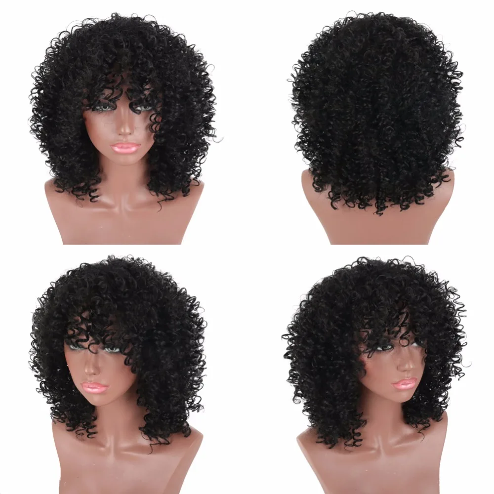 Deyngs 16Inch Synthetic Afro Kinky Curly Hair Synthetic Wigs for Black Woman Short Kinky Hair Jet Black Heat Resistance Full Wig (2)
