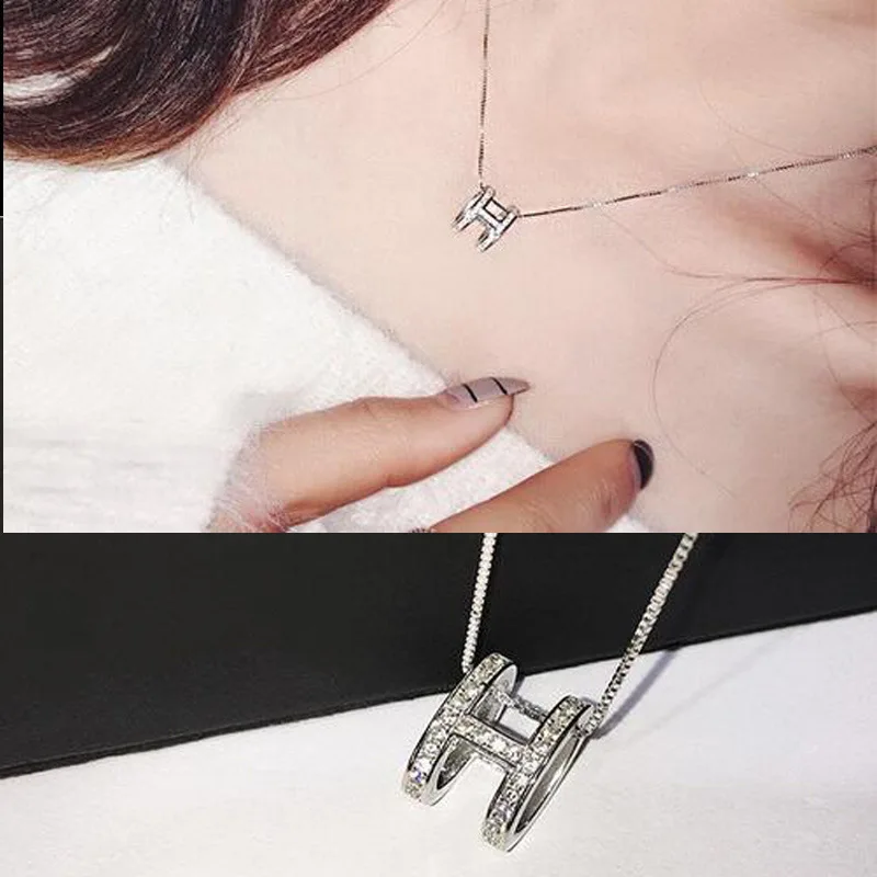 

H letter pendant necklace, silver zircon, women's, fashion jewelry accessories wholesale