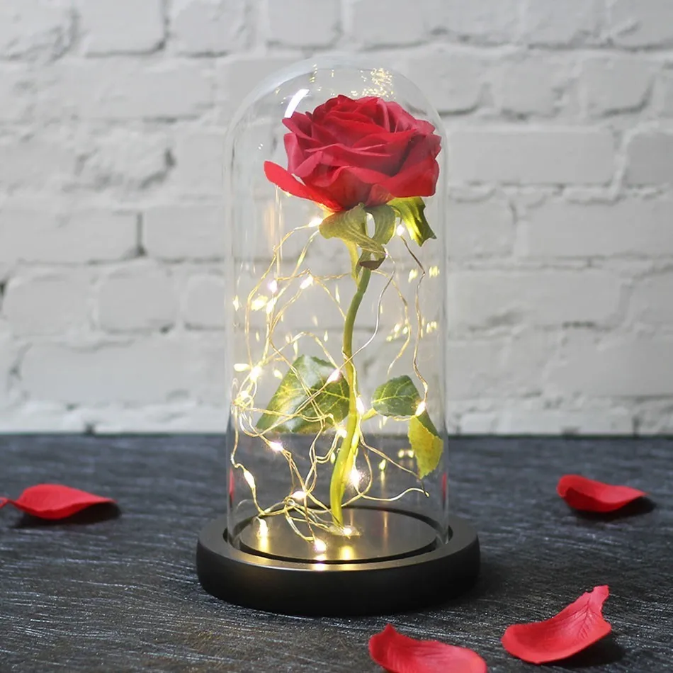 

Hot Beauty And Beast Rose In Flask Led Rose Flower Light Black Base Glass Dome Best For Mother's Day ValentinesDay ChristmasGift