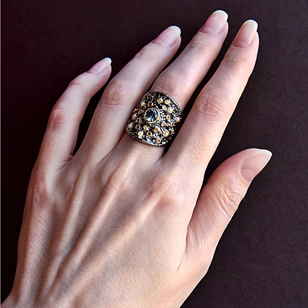 

New cocktail Best party big ring Black gold vintage jewelry multi color crystal pearl Antique rings in jewellery findings