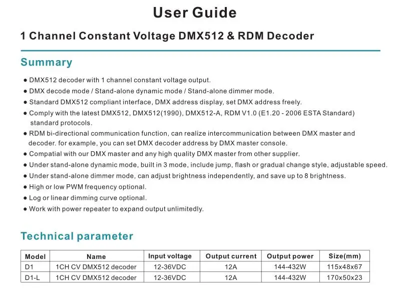 Модель # D1; 1-канальный постоянного Напряжение DMX512 и RDM декодер, красный/зеленый/синий 12 V * 1CH выход