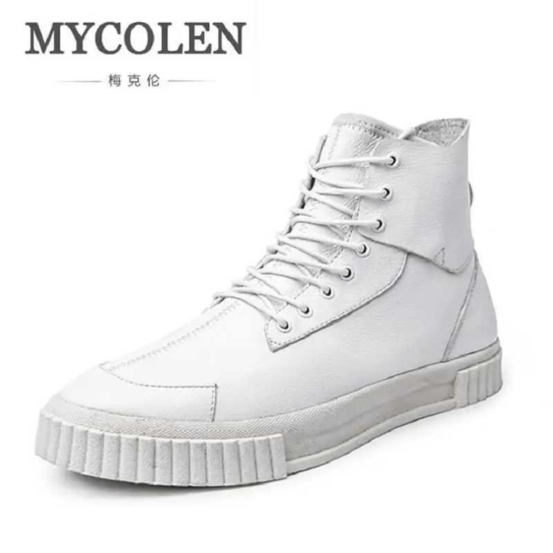 

MYCOLEN High Quality Men White Leather Shoes Fashion High Top Men'S Casual Shoes Breathable Man Lace Up Brand Shoes