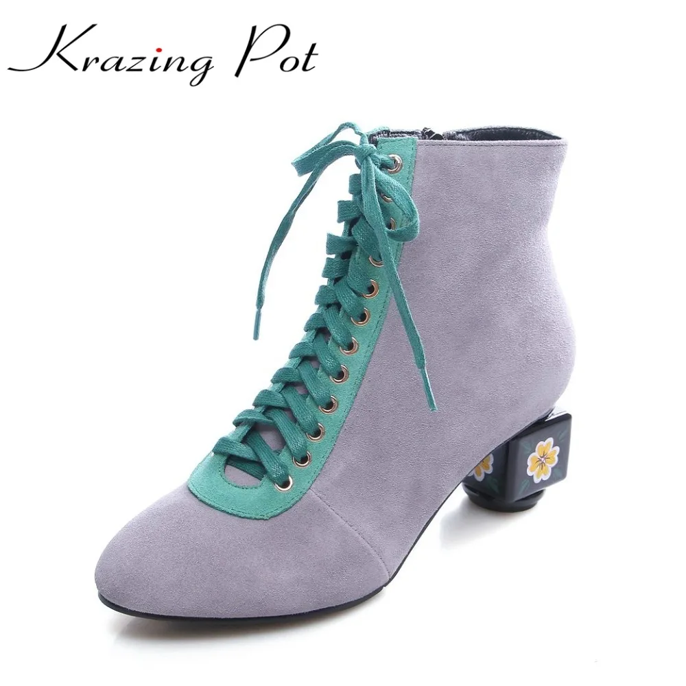 

Krazing Pot fashion brand winter shoe flower art high heels women round toe lady warm T-tied lace up mixed color ankle boots L10