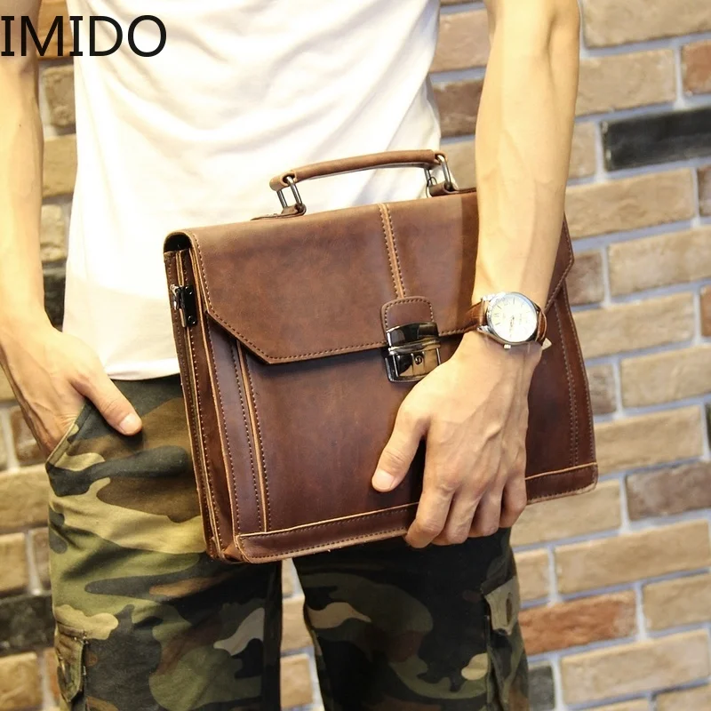 

IMIDO Vintage Men's Bag Crazy Horse PU Leather File Briefcase Men Messenger Coffee Color Fashion Portfolio 12" Laptop Handbag