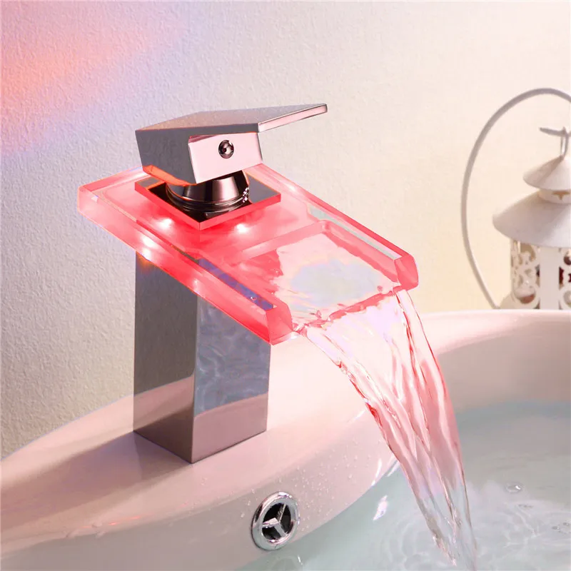 Led Glass faucet Waterfall mixer tap 1 hole water tap for bathroom