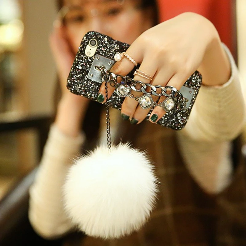For iPhoneX XS MAX XRCase Glitter Luxury Bling Diamond Gem Bracelet Chain Tassel Fox Fur Ball Cover For iPhone5S 6S 7 8Plus Case