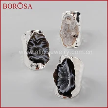 BOROSA Druzy серебряный цвет свободной формы Друза природного камня Открытое кольцо кольца, модные натуральные драгоценные камни вечерние кольца для мужчин и женщин S1388