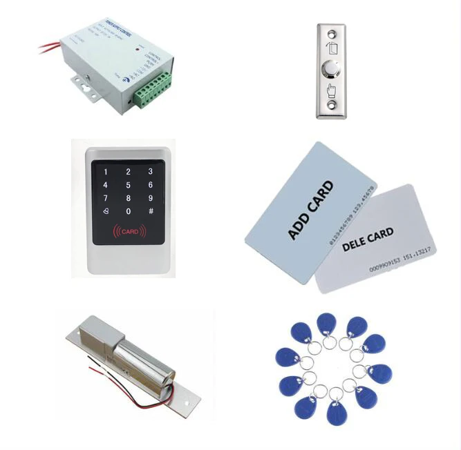 

Metal Access control kit,em/ ID keypad access control+ power+bolt lock+exit button+ 10 keyfob ID tags,sn:Tset-2