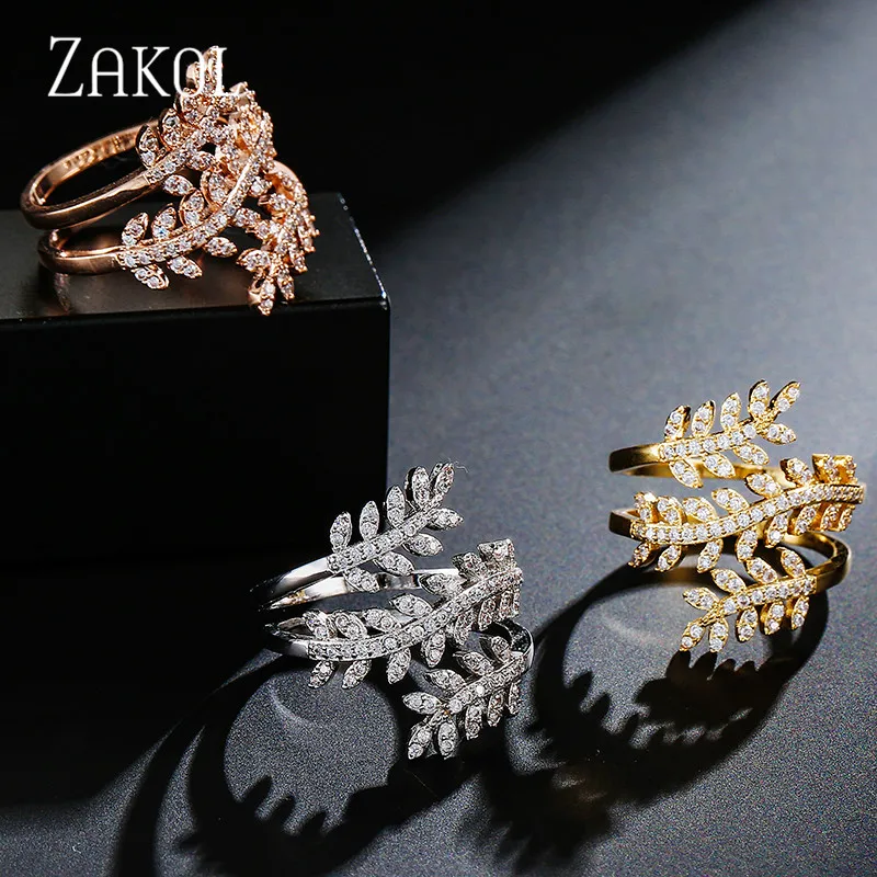 Модные открытые кольца с микро-покрытием из кубического циркония от ZAKOL, регулируемые кольца на палец с кристаллами и листьями для женщин, свадебные ювелирные изделия FSRP223