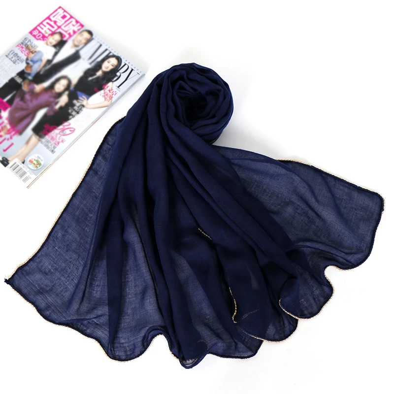 Сплошной хиджаб шарф золотые бусины мусульманин хлопок шарфы с изображением цепи плотная палантин шаль Макси модная головная повязка длинные шарфы 180*80 см