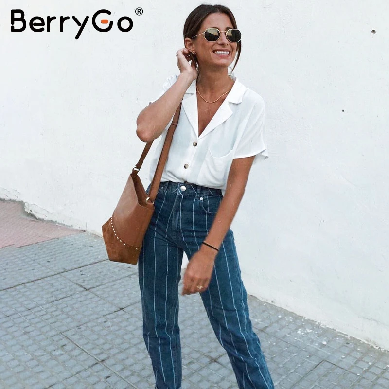 BerryGo сексуальные Полосатые джинсовые штаны женские летние модные на молнии с