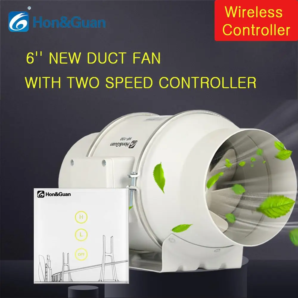 

6'' 220V Air Extractor Mixed Flow Muffler Conduit Fan with Two Speed Wireless Controller Extractor Fans For Kitchen Bathroom