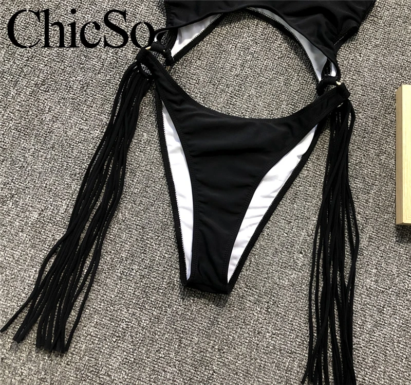 MissyChilli Леопардовый Цельный боди Черный женский купальник с кисточками в стиле пэчворк бикини Летний сексуальный бикини купальник женский