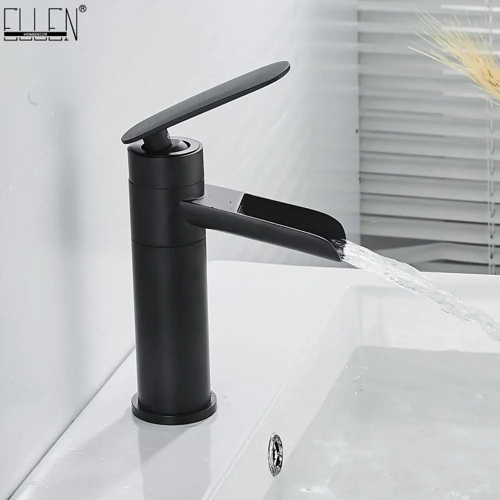 

Deck Mounted Hot Cold Mixer Faucets Bathroom Basin Sink Tap Black Crane Faucet Mixer Waterfall Water White Tap EL1418B