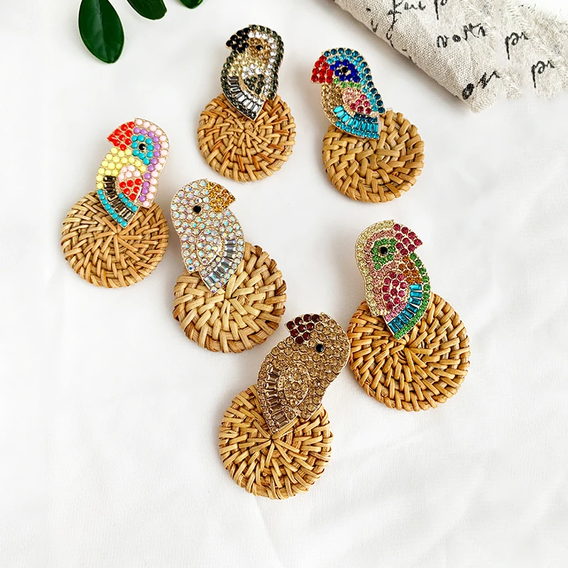 Богемные хрустальные серьги-гвоздики в виде птицы для женщин Винтажная ручная работа смола бамбук ротанг плетение серьги с кисточками ювелирные изделия Рождество