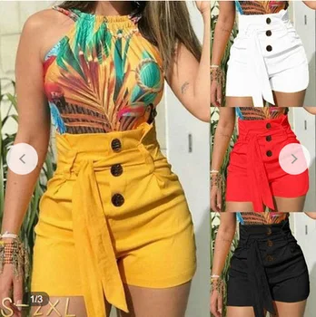 

Women's Fashion High Waist Button Shorts Slim FIt Casual Beach Shorts Summer Short Pants With Belt
