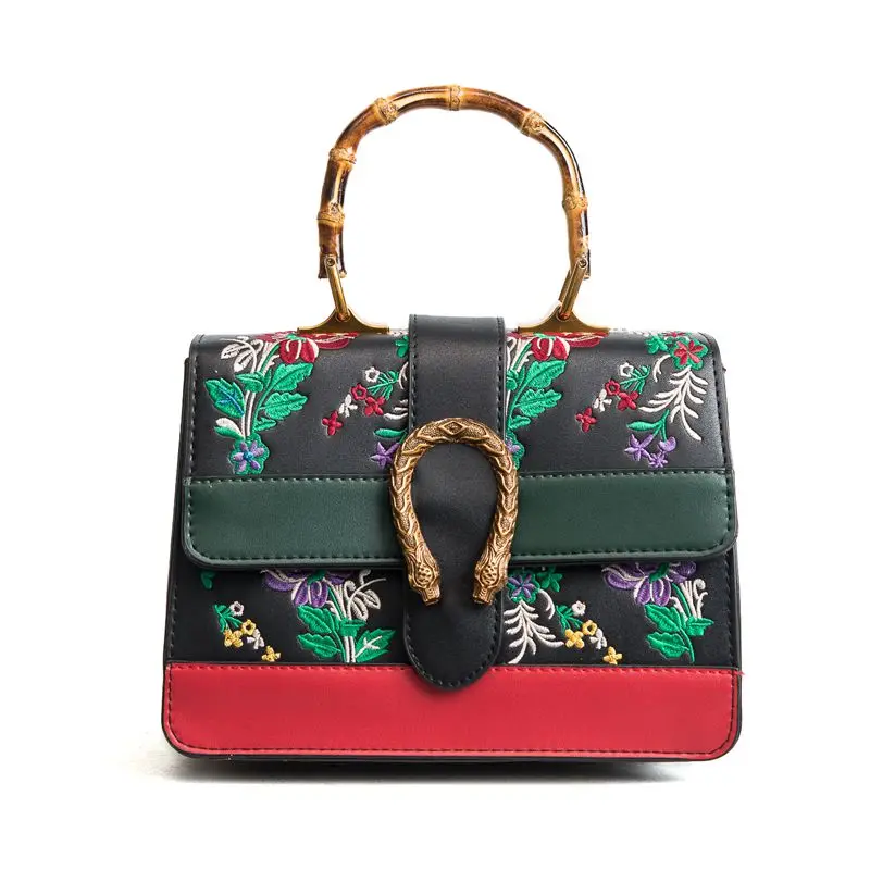 

2019 New Women's PU National Wind Handbag Plum Embroidery Crossbody Bag Bamboo Handle Hand Bag Elegant Atmosphere Shoulder Bag