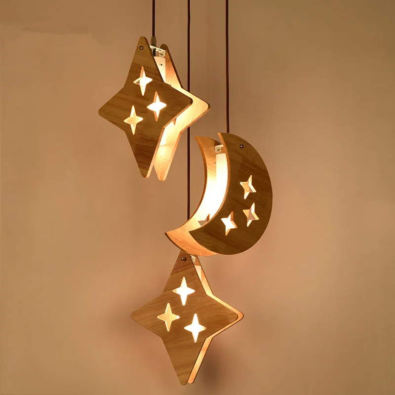 

VModern Wood Ceiling Light Art Chandeliers Wooden Moon Star Lighting Kid's Bedroom Lighting Fixtures Children Lamp