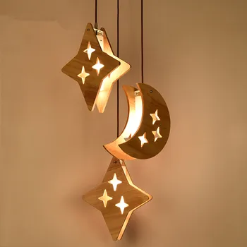 

VModern Wood Ceiling Light Art Chandeliers Wooden Moon Star Lighting Kid's Bedroom Lighting Fixtures Children Lamp