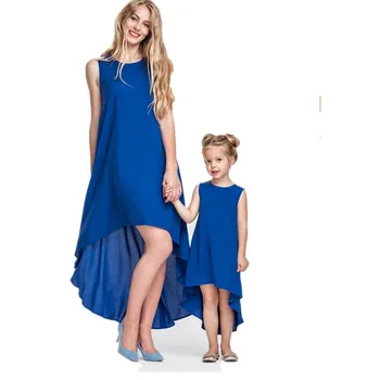 

Mom Daughter Dress Elegant Mum Mother and Daughter Matching Clothes Dress Sleeveless Party Asymmetrical Maxi Summer Dress Blue