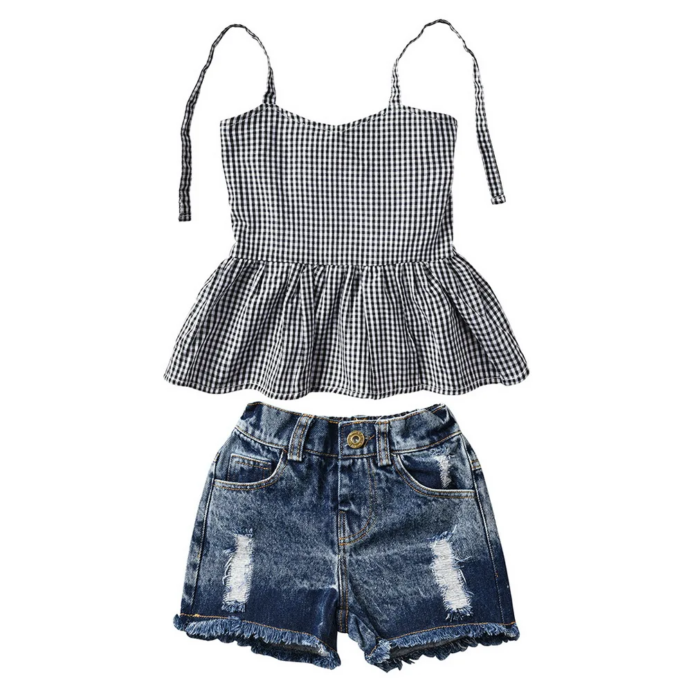 

Baby Girl Sets 2019 Summer Girls Kids Children Clothes 2PCS Sling Plaid Tops + Denim Shorts Toddler Cotton Outfit P25