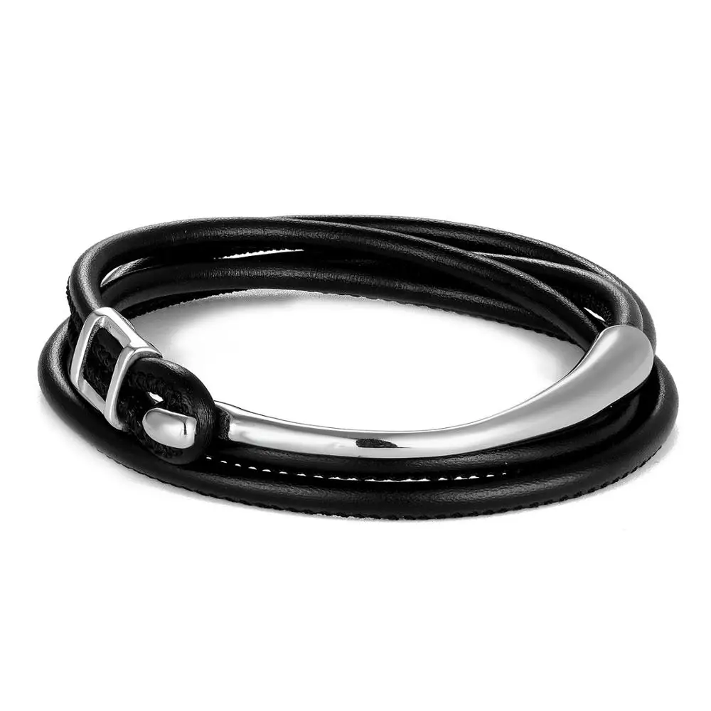 

New double circle sheepskin braided bracelet men's stainless steel leather bracelet men's bracelet jewelry wholesale