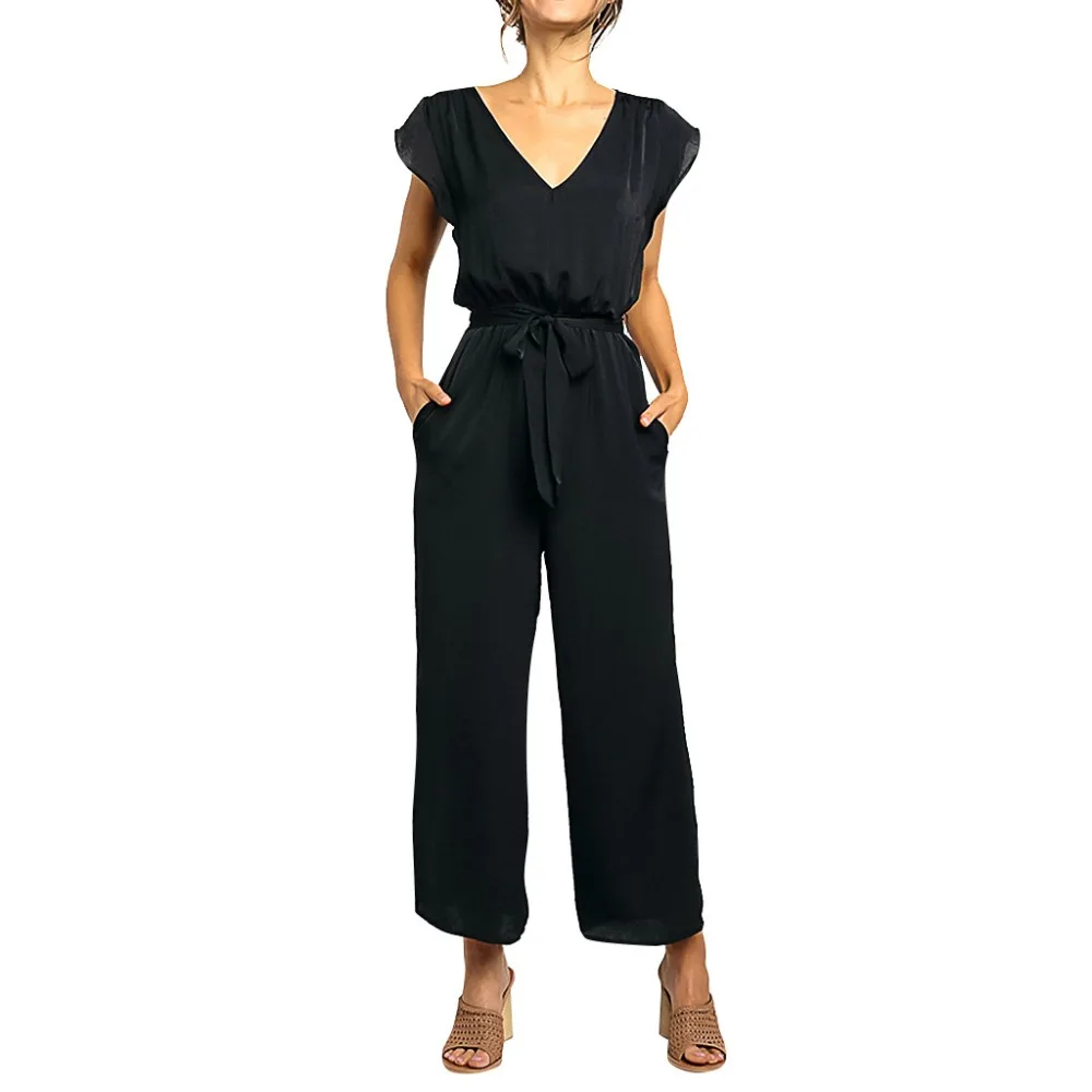 

Women Sexy Jumpsuits Plus Size Solid Short Sleeve Bandage Long Loose Jumpsuit Ladies Solid Bodysuit Loose Playsuits Overalls BB4