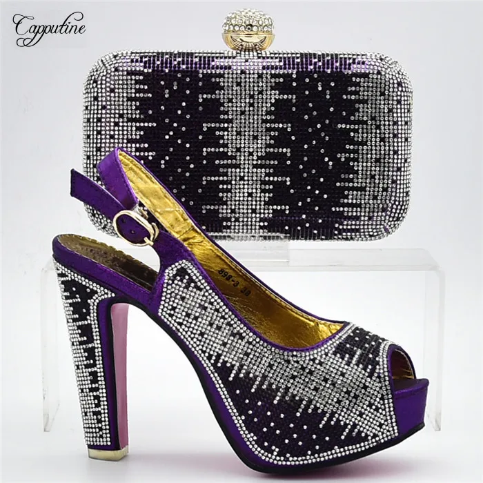 

Latest purple party sest matching high heel sandal buckle shoes and handbag set with stones 898-3 heel height 12cm
