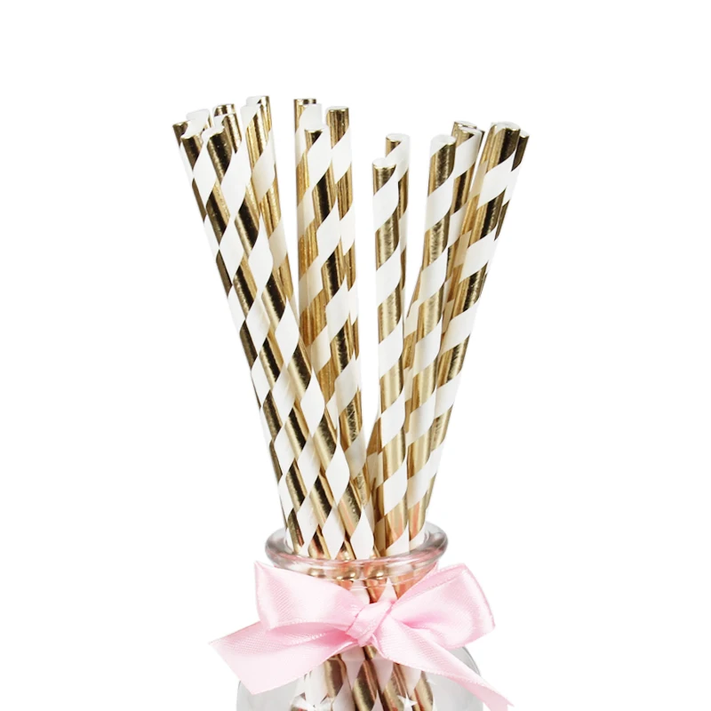 25 шт./лот, соломинки из бронзированной бумаги розового золота для детей, для дня рождения, вечеринки, свадьбы, декоративные принадлежности для мероприятий, соломинки для питья - Цвет: Gold Striped