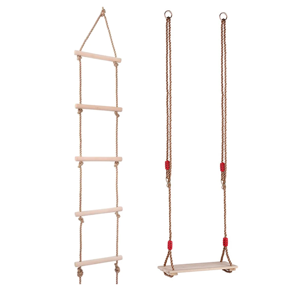 2pcs Wooden 5 Rungs Rope Climbing Ladder & Flat Seat Swing Chair Kids Playground Activity Toy Playhouse Set