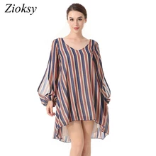 2018 Fashion Spring Summer Loose Dress Striped V-neck Split ends Long-sleeved Ladies Chiffon Dress 2018 Fashion Spring Summer Loose Dress Striped V-neck Split ends Long-sleeved Ladies Chiffon Dress