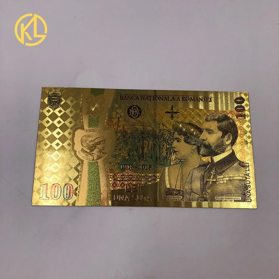 

KL 1pc Colored Gold Foil Plastic Banknote Romanian 100 Lei souvenir Currency for 100th anniversary of the unification of Romania